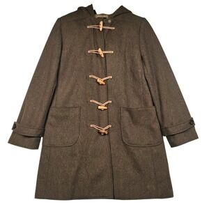 Vintage J. Crew Duffle Coat Womens Medium Brown Wool Blend Hooded Toggle Jacket